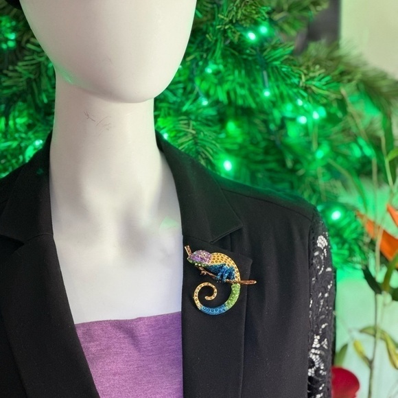 Brand NEW GOLD BACKED COLOR BLOCK RHINESTONES CHAMELEON BROOCH PENDANT - Picture 3 of 5